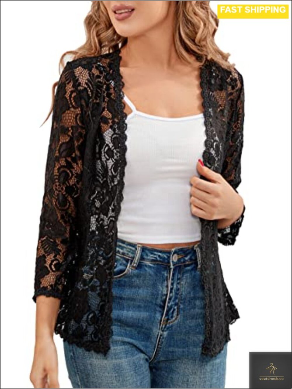 Lace 3/4 Sleeve Bolero Shrug Crochet Open Front Cardigan